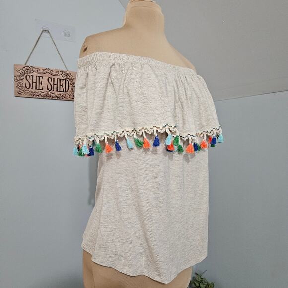 Pebble and Stone Womens Top Large Off Shoulder Colorful Pom Pom Embroidery Trim - Picture 2 of 12